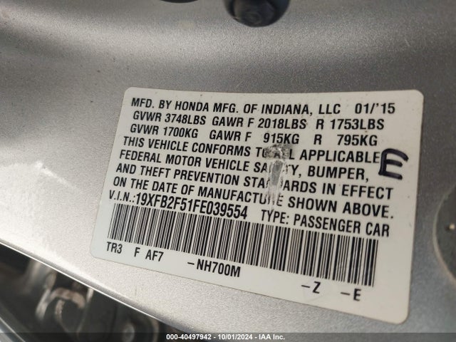 Honda Civic Lx 2015 19XFB2F51FE039554 Image 9
