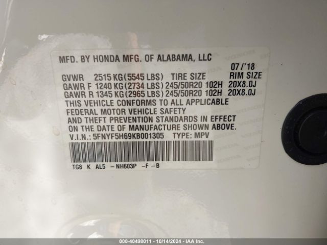 5FNYF5H69KB001305 Honda Pilot Touring