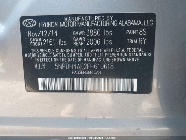 5NPDH4AE2FH610618 Hyundai Elantra Limited