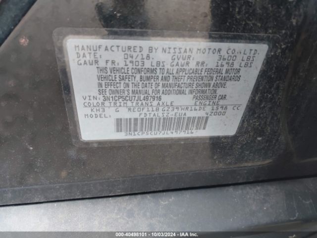 3N1CP5CU7JL497916 Nissan KICKS SV