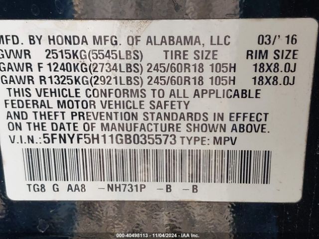 5FNYF5H11GB035573 Honda PILOT LX