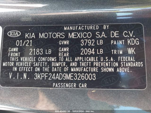 3KPF24AD9ME326003 KIA Forte Lxs