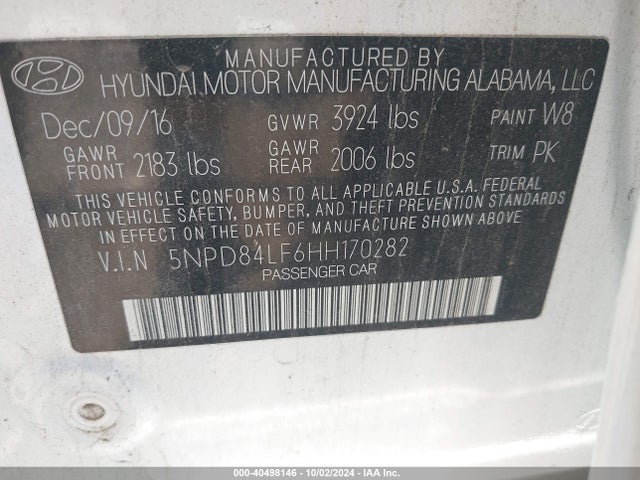 Hyundai ELANTRA SE 2017 5NPD84LF6HH170282 Image 9