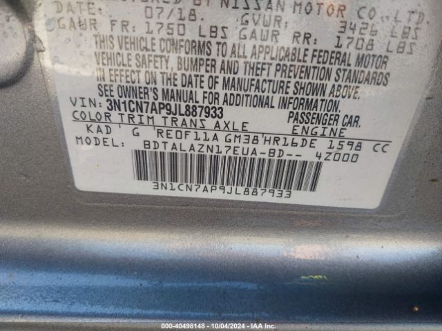 3N1CN7AP9JL887933 Nissan Versa 1.6 S+