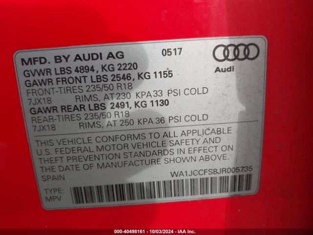 WA1JCCFS8JR005735 Audi Q3 2.0t Premium/2.0t Sport Premium