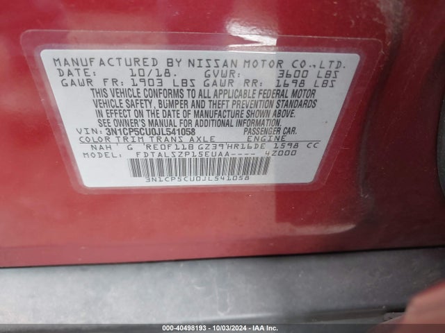 3N1CP5CU0JL541058 Nissan KICKS SV