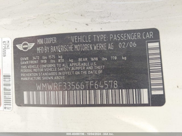 2006 MINI COOPER WMWRF33566TF64578 Photo 8