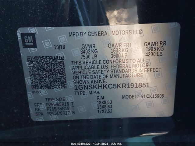 1GNSKHKC5KR191851 Chevrolet Suburban Lt