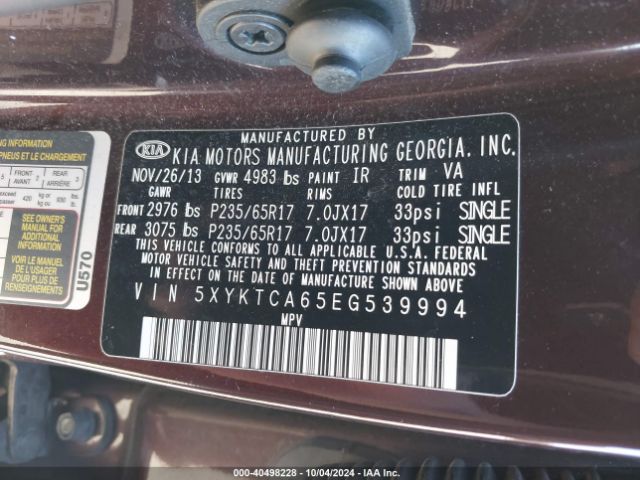 5XYKTCA65EG539994 KIA SORENTO LX