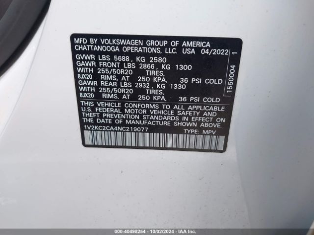 1V2KC2CA4NC219077 Volkswagen Atlas Cross Sport 2.0t Se W/technology