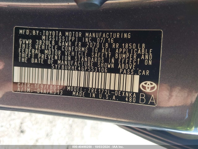 Toyota COROLLA LE 2016 5YFBURHE4GP553106 Image 9