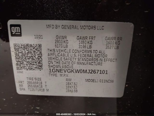 1GNEVGKW0MJ267101 Chevrolet Traverse Awd Lt Cloth