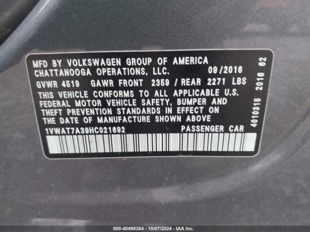 1VWAT7A39HC021692 Volkswagen Passat 1.8t S