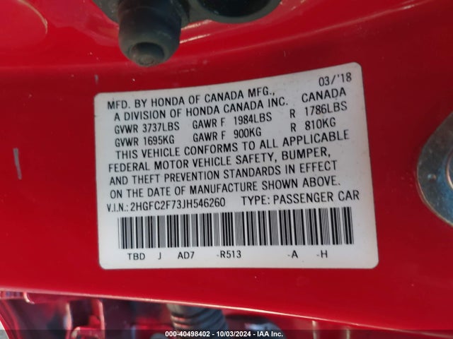 Honda CIVIC EX 2018 2HGFC2F73JH546260 Image 9