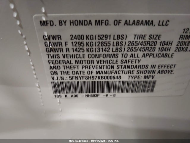 Honda Passport Touring 2019 5FNYF8H97KB000648 Image 9