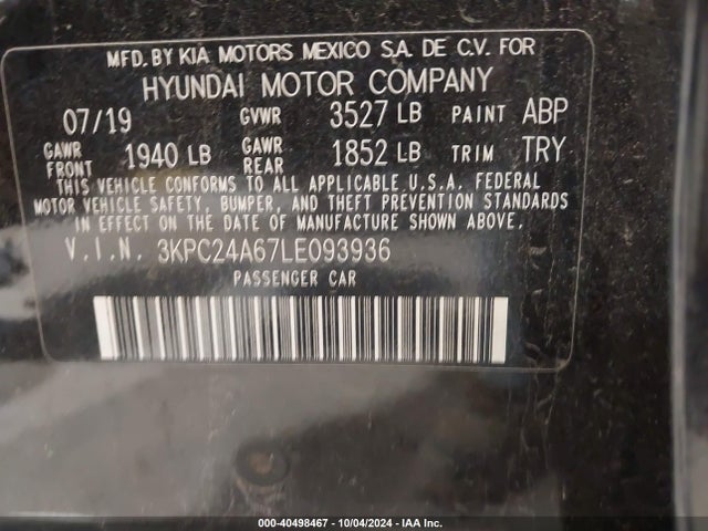 Hyundai ACCENT SE 2020 3KPC24A67LE093936 Image 9