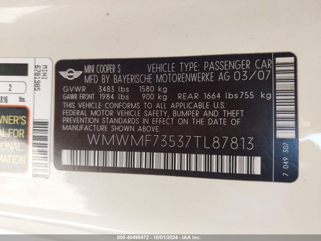 2007 MINI COOPER S WMWMF73537TL87813 Photo 8