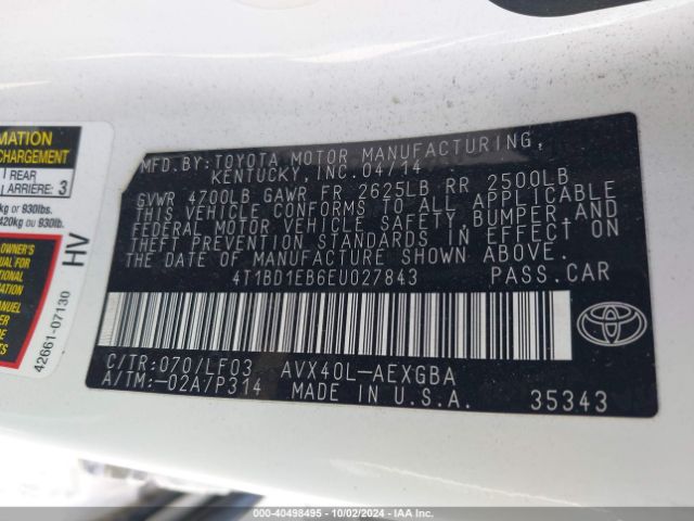 4T1BD1EB6EU027843 Toyota Avalon Hybrid Xle Premium