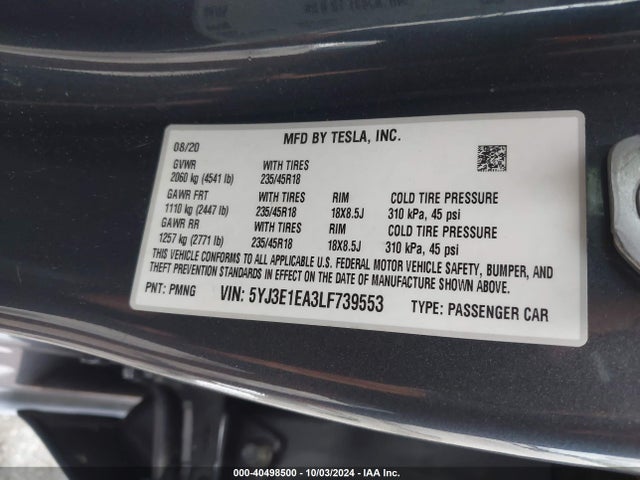2020 TESLA MODEL 3 5YJ3E1EA3LF739553 Photo 8