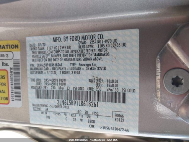 3LN6L5B91LR618261 Lincoln Mkz Standard