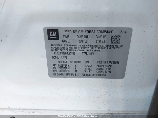 Chevrolet Trax Lt 2017 KL7CJLSB9HB092832 Image 9