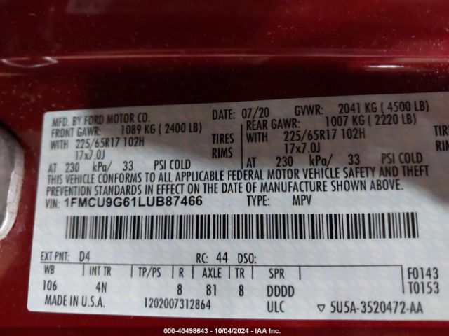 1FMCU9G61LUB87466 Ford ESCAPE SE