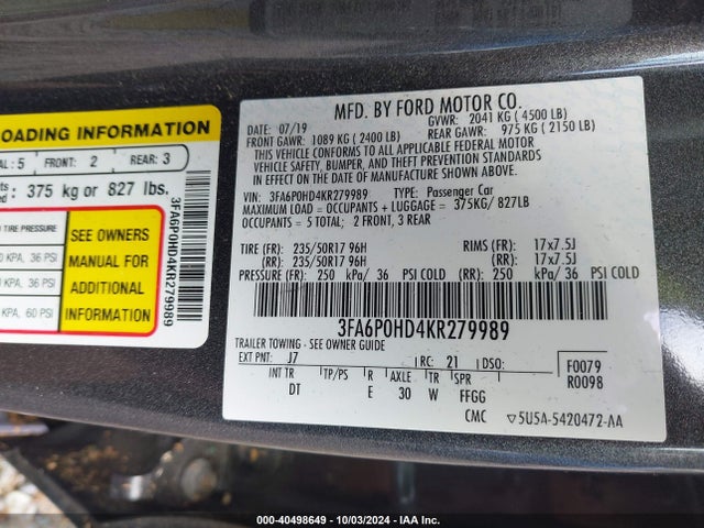 Ford FUSION SE 2019 3FA6P0HD4KR279989 Image 9