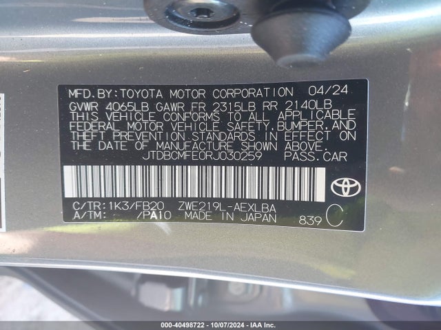 JTDBCMFE0RJ030259 Toyota Corolla Hybrid Le