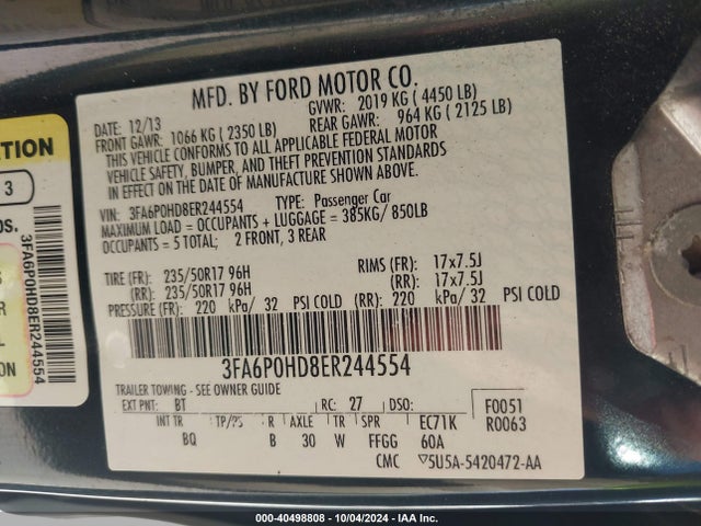Ford FUSION SE 2014 3FA6P0HD8ER244554 Image 9