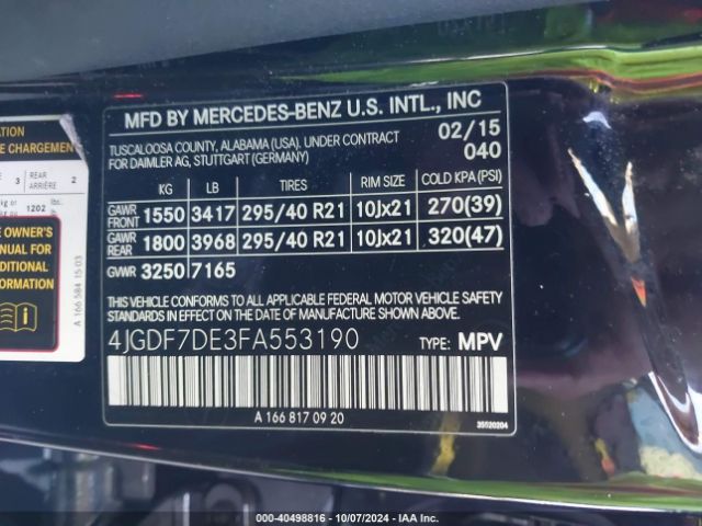 4JGDF7DE3FA553190 Mercedes-Benz Gl 550 4matic