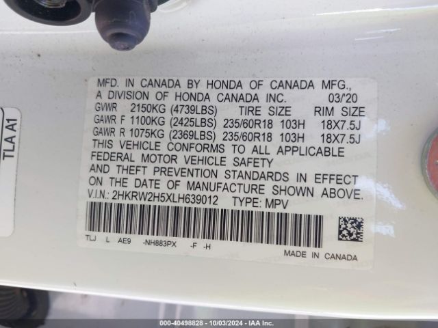 2HKRW2H5XLH639012 Honda Cr-v Awd Ex