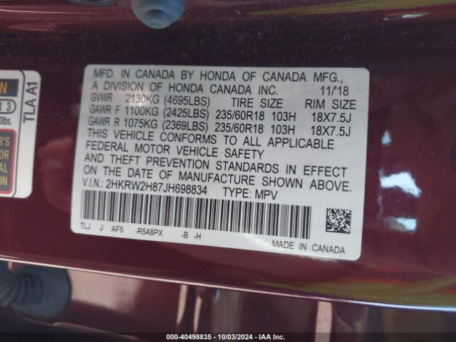 2HKRW2H87JH698834 Honda Cr-v Ex-l/ex-l Navi