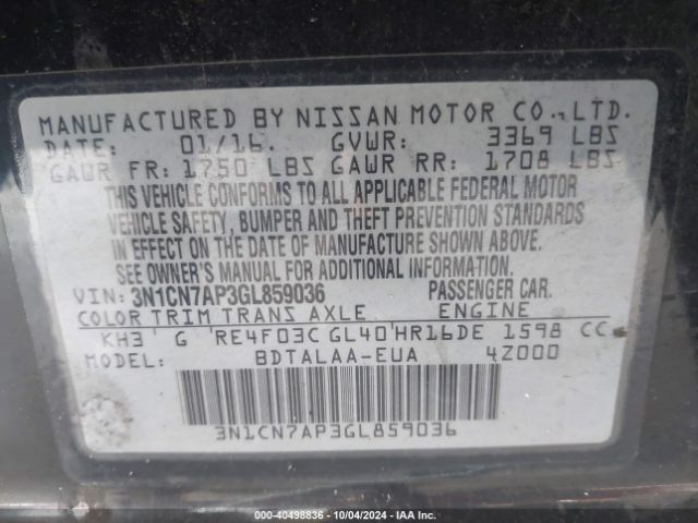 3N1CN7AP3GL859036 Nissan Versa 1.6 S