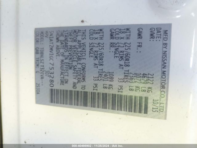 5N1AT2MV1GC753280 Nissan Rogue Sl