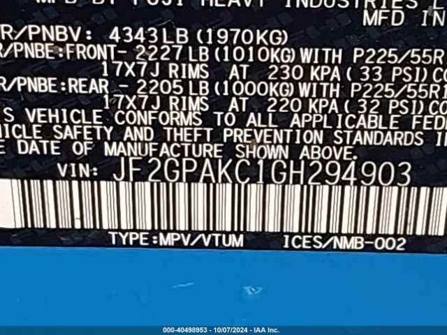 JF2GPAKC1GH294903 Subaru Crosstrek 2.0i Limited