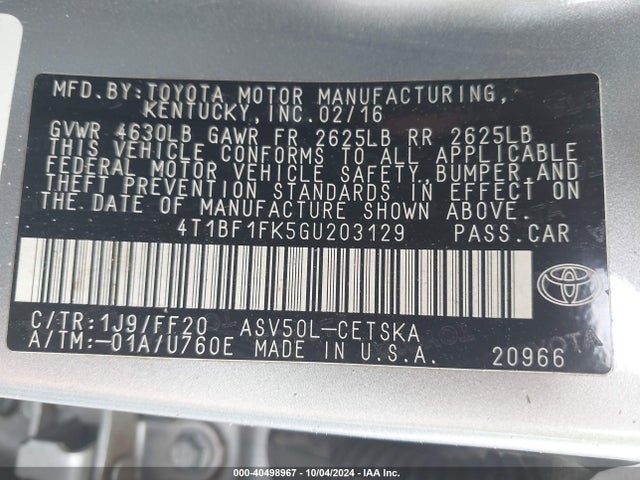 Toyota CAMRY SE 2016 4T1BF1FK5GU203129 Image 9