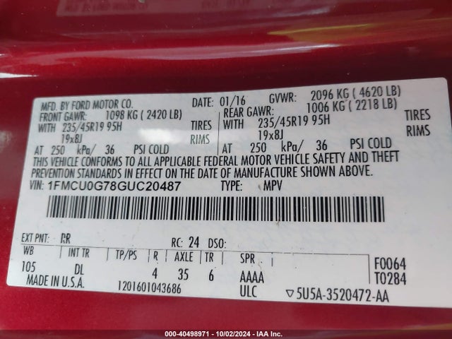 Ford ESCAPE SE 2016 1FMCU0G78GUC20487 Image 9