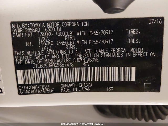 Toyota 4RUNNER SR5 2016 JTEBU5JR0G5367478 Image 9