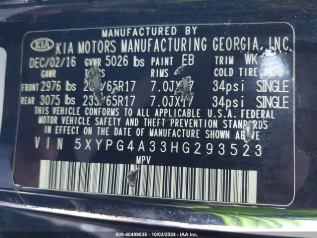 5XYPG4A33HG293523 KIA Sorento 2.4l L