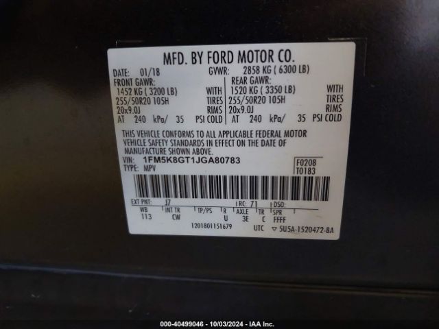 1FM5K8GT1JGA80783 Ford EXPLORER SPORT