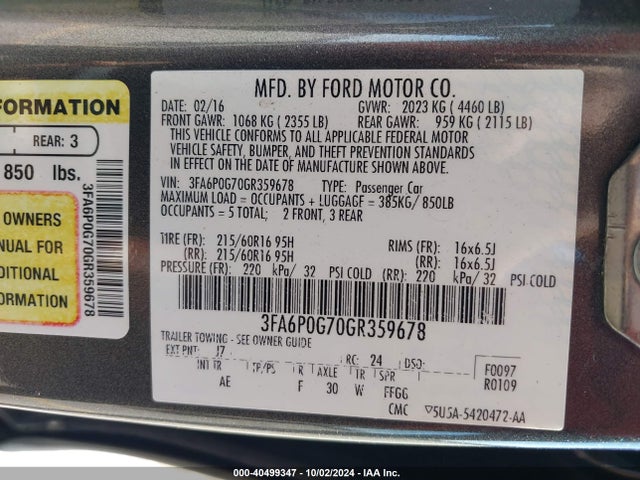 Ford FUSION S 2016 3FA6P0G70GR359678 Image 9
