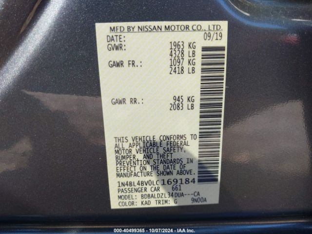 1N4BL4BV0LC169184 Nissan Altima S Fwd