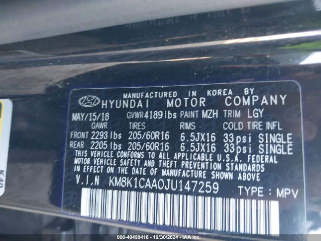 KM8K1CAA0JU147259 Hyundai Kona Se