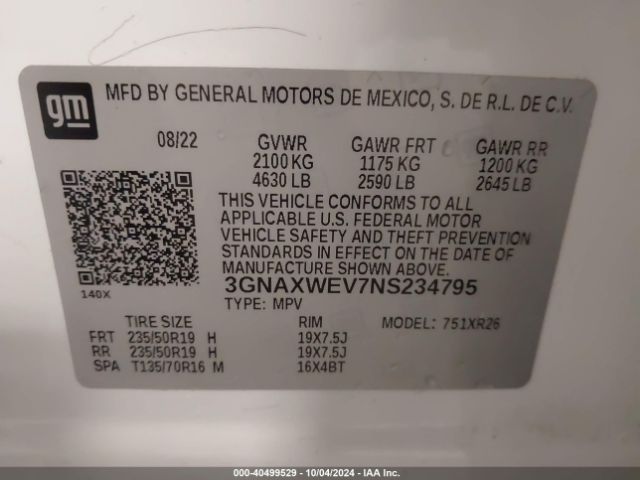 3GNAXWEV7NS234795 Chevrolet Equinox Awd Rs