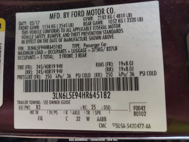 3LN6L5E94HR645182 Lincoln Mkz Reserve