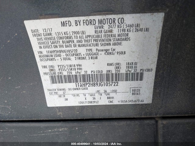 Ford TAURUS SEL 2018 1FAHP2H89JG105722 Image 9
