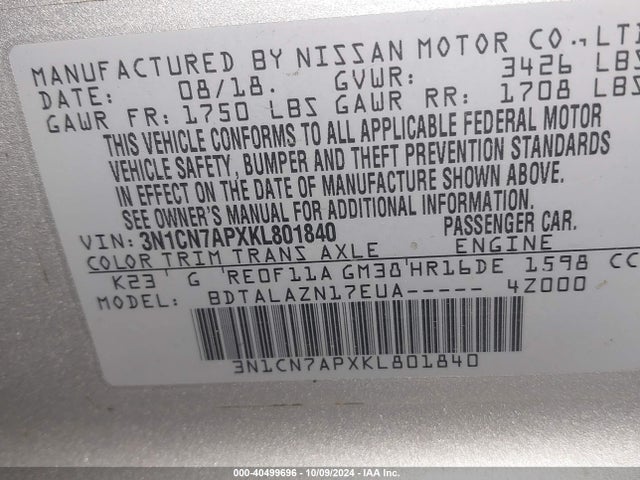 Nissan Versa 1.6 S+ 2019 3N1CN7APXKL801840 Image 9