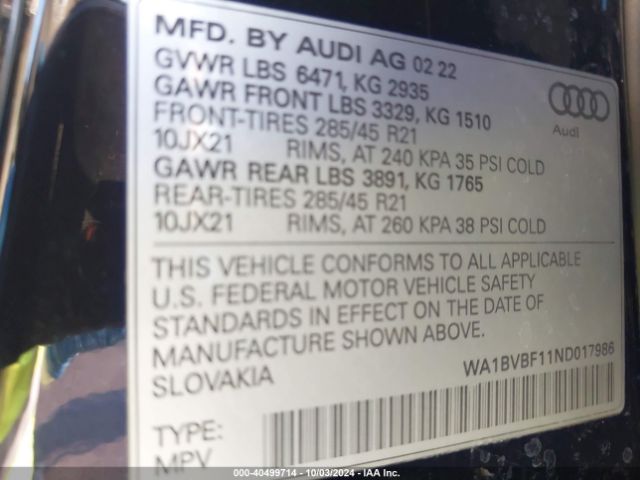 WA1BVBF11ND017986 Audi Q8 Premium Plus 55 Tfsi Quattro Tiptronic
