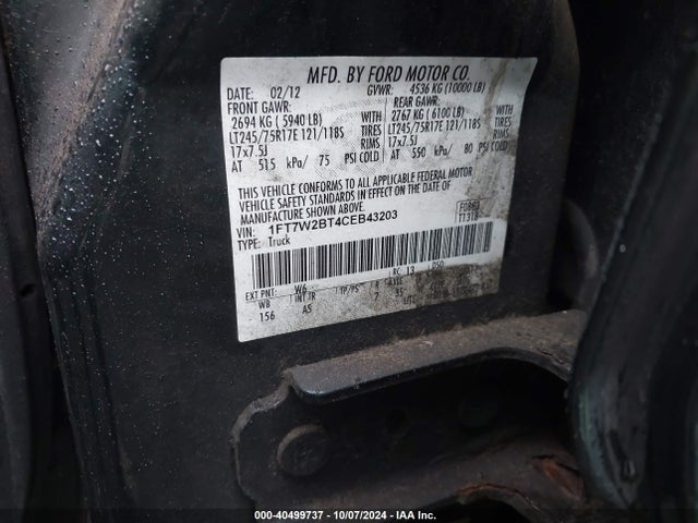 40499737 :رقم المزاد ، 1FT7W2BT4CEB43203 vin ، 2012 Ford Super Duty F-250 Srw Xl مزاد بيع