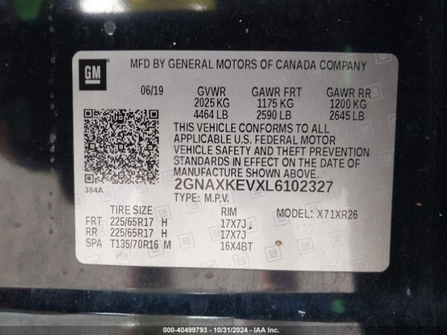 2GNAXKEVXL6102327 Chevrolet Equinox Fwd Lt 1.5l Turbo